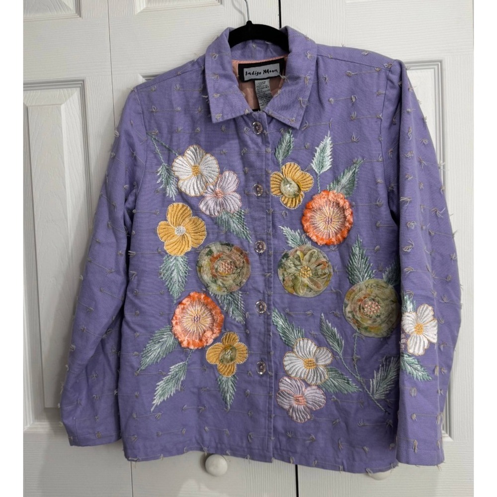 Indigo Moon Button-Up Jacket Women's Small Purple Floral Embroidered Long Sleeve
